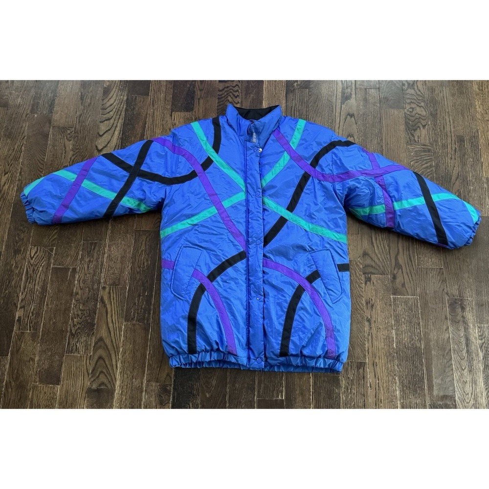 Haband For Her‎ Women's Coat Vintage Blue Multicolor Button Up Zip Size XL Cute